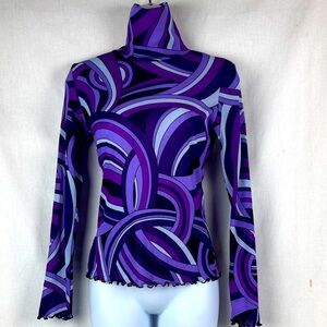 90's Moa Moa Purple retro Swirl mesh long sleeve turtle neck Women's Top Large